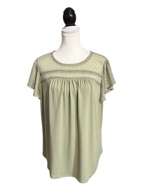 Adrianna Papell Women's Blouse Plus Size 1X Green Chiffon Swiss Dot Short Sleeve